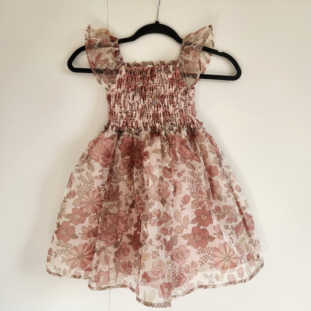 Kensie Girl Floral Smocked Dress Ruffle Sleeve Pink Size 4